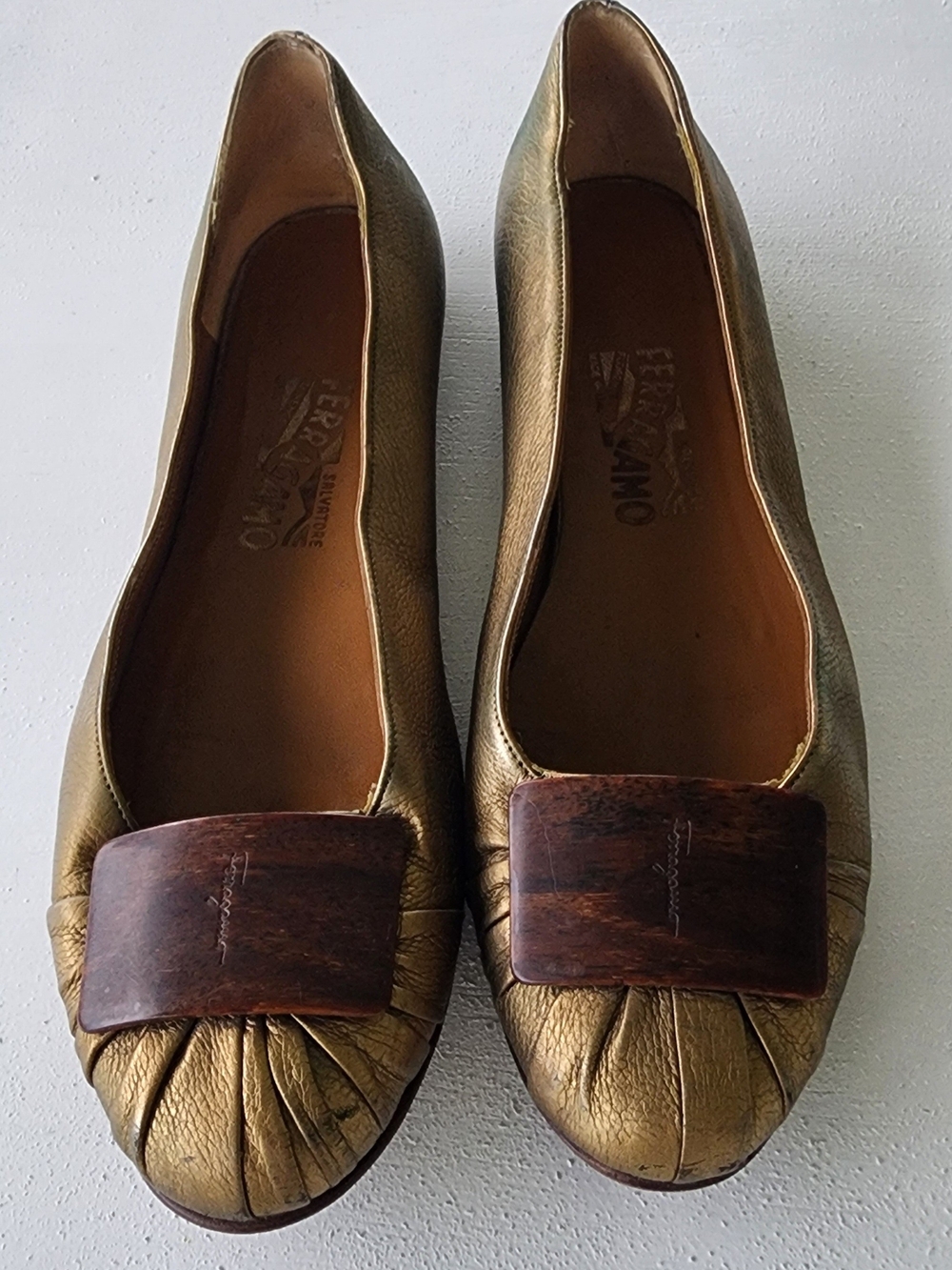 Salvatore Ferragamo Gold Leather Cap-Toe Ballet Flats